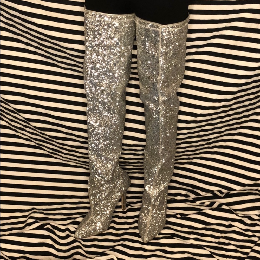 Fashion Nova Silver Sparkly Thigh High Heels
